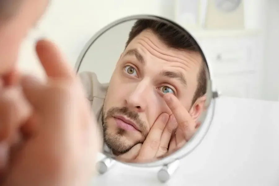 Homme en train de mettre une lentille de contact pour corriger sa vision